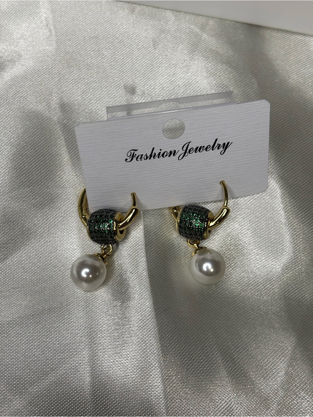 Stainless Steel 18k Gold Plated Hoop Earrings With Green Accents and Pearl Drop